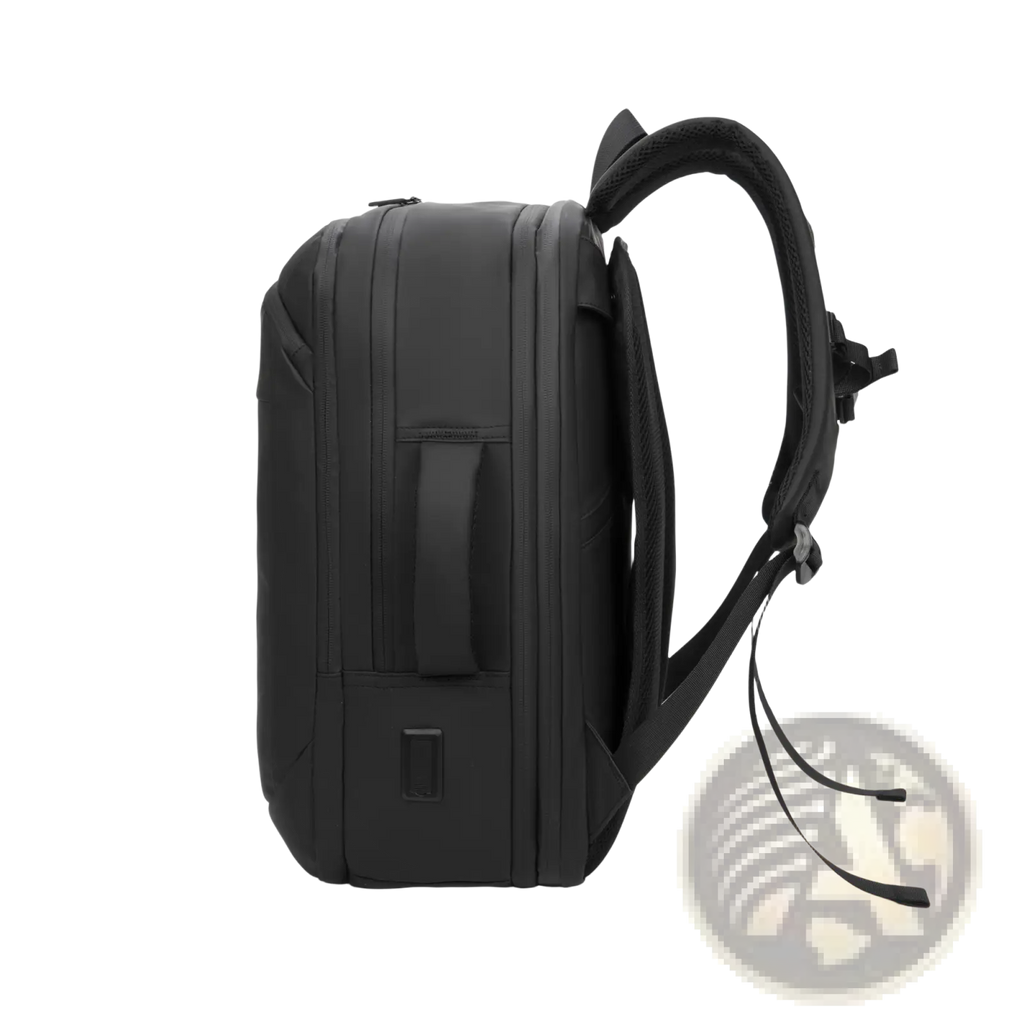 Black large volume business travel laptop backpack with sleek structured design and padded shoulder straps