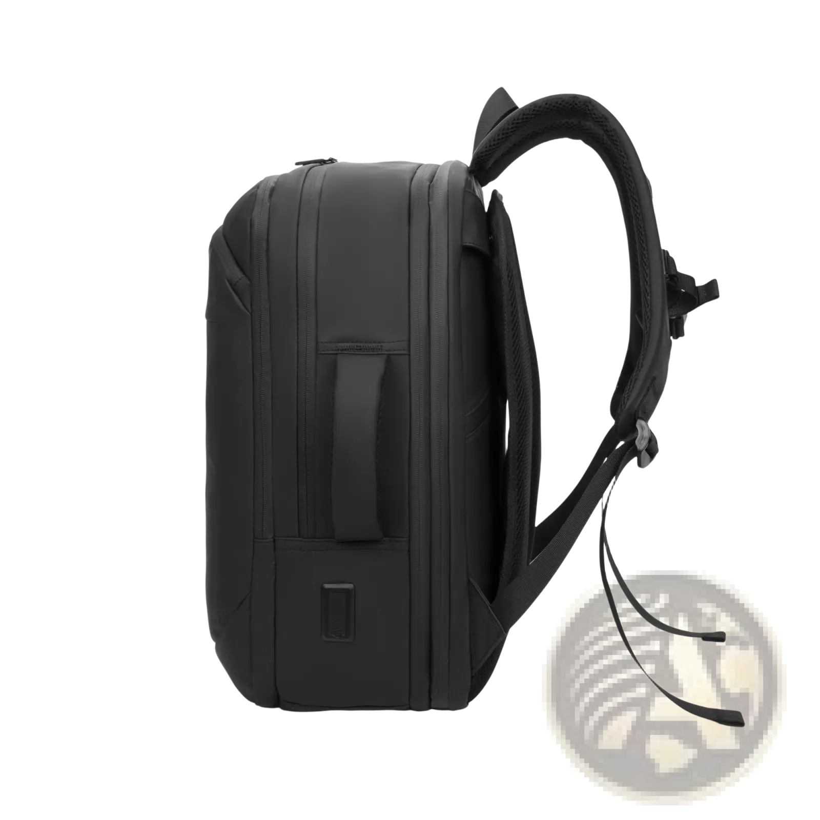 Black large volume business travel laptop backpack with sleek structured design and padded shoulder straps