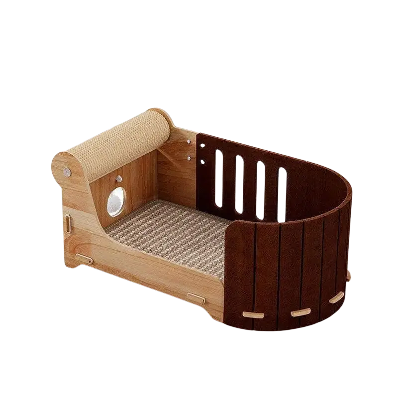 Large wooden cat bed with dark brown slatted sides and sisal scratching post highlighting price difference and customer service benefits