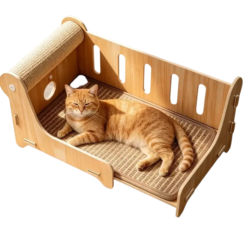 Large wooden cat bed with woven sisal scratching surface and vertical slats highlighting customer service and price difference benefits