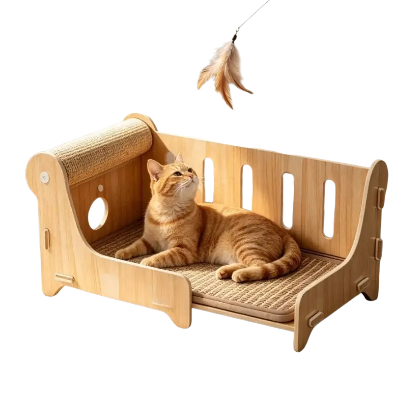 Large wooden cat bed with light wood frame and woven rattan sisal scratching surface for customer service inquiries price difference and customs duties