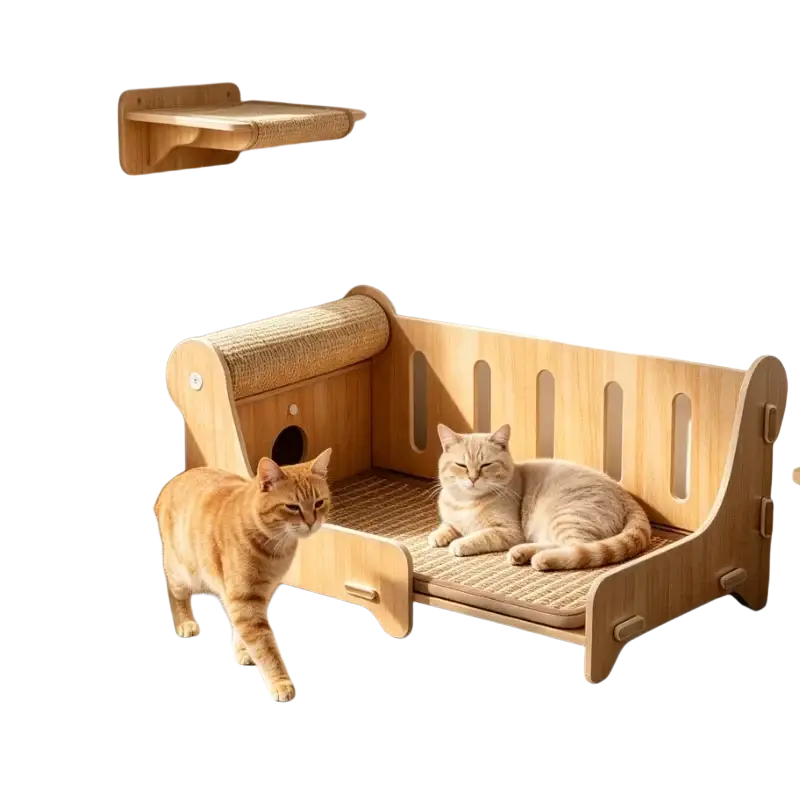 Large wooden cat bed with light wood finish woven sisal scratching surface and vertical slats on backrest for durability customer service price difference customs duties