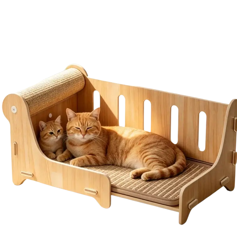 Large wooden cat bed in light wood with sisal woven scratching surface and vertical slats suitable for customer service inquiries on price difference and customs duties