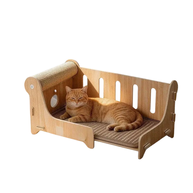 Large wooden cat bed with light wood finish sisal scratching post and woven mat surface addressing customer service price difference and customs duties concerns