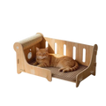 Large wooden cat bed with light wood finish sisal scratching post and woven mat surface addressing customer service price difference and customs duties concerns