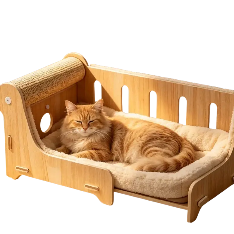 Large wooden cat bed with sisal scratching post and plush cream cushioning offers quality despite price difference and customs duties