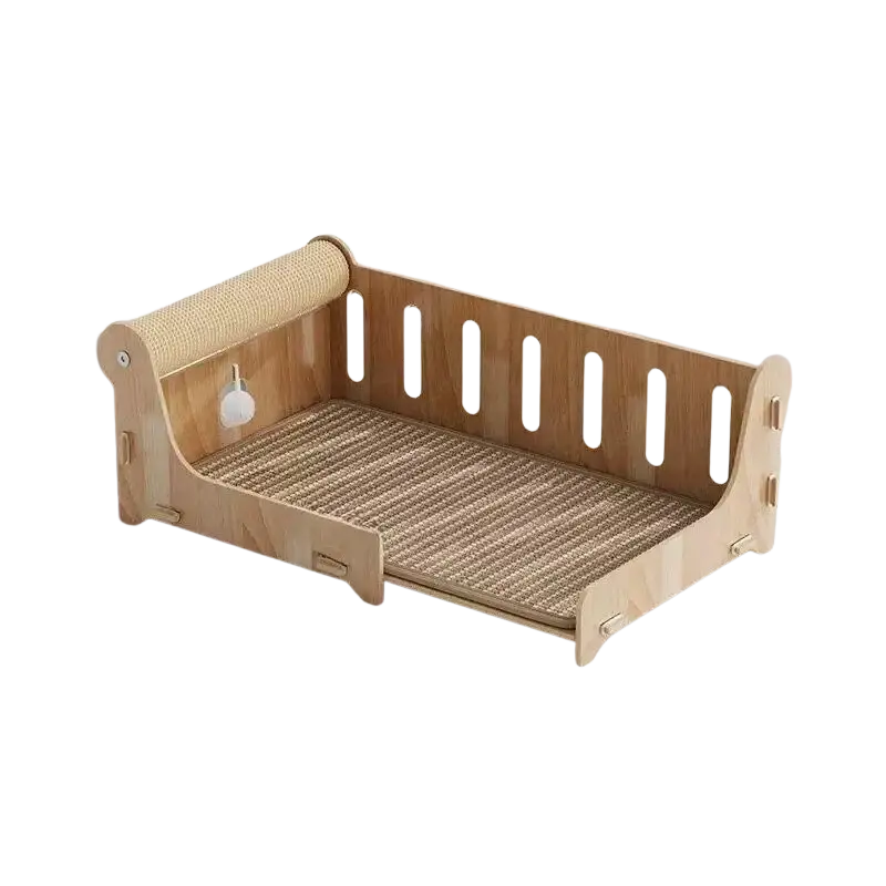 Large wooden cat bed with light wood finish and woven sisal scratching surface with vertical slats for durability customer service inquiries welcome regarding price difference and customs duties
