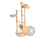 Beige large wooden cat tree climbing frame with sisal posts featuring multiple platforms and a hammock-style bed