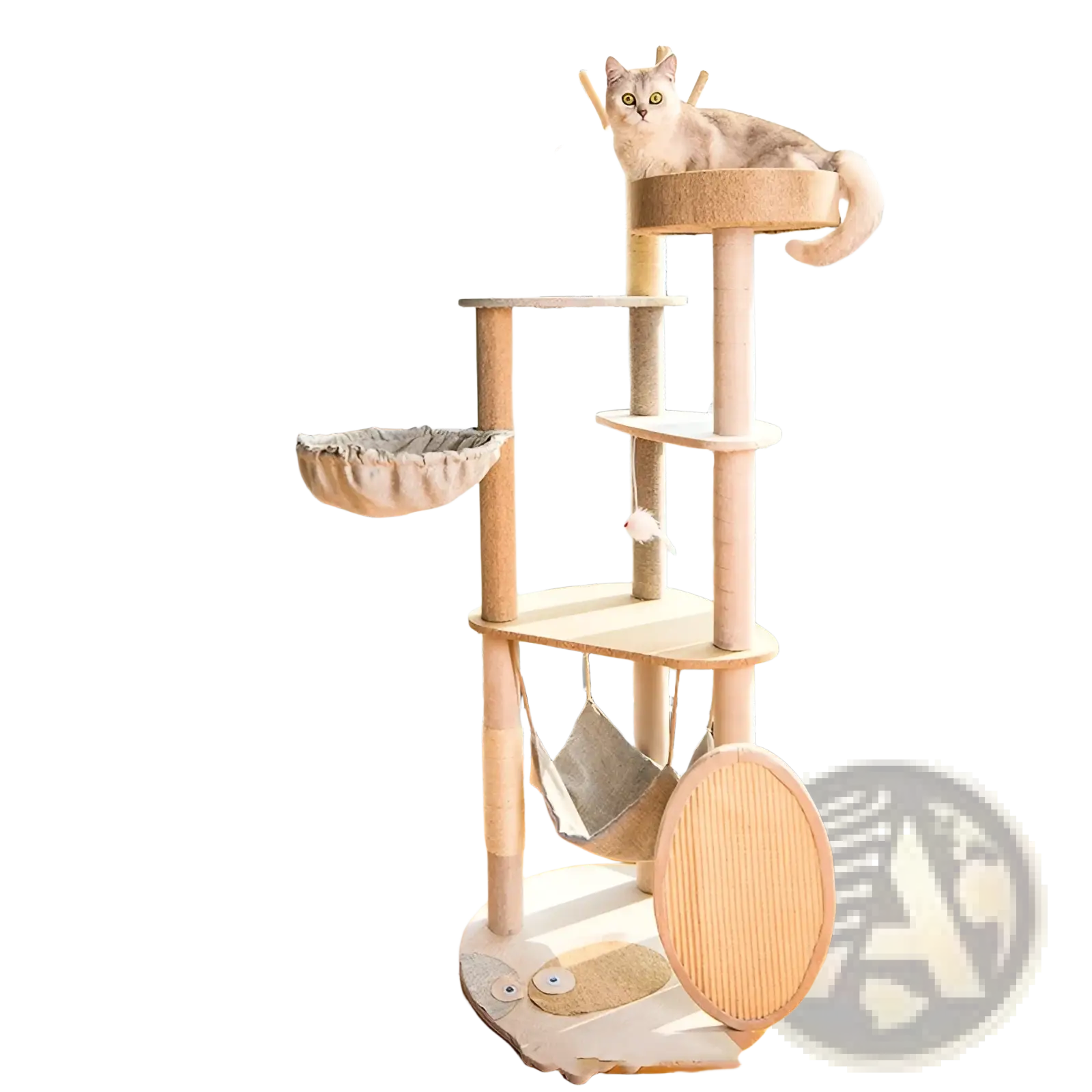 Beige large wooden cat tree climbing frame with sisal posts featuring multiple platforms and a hammock-style bed