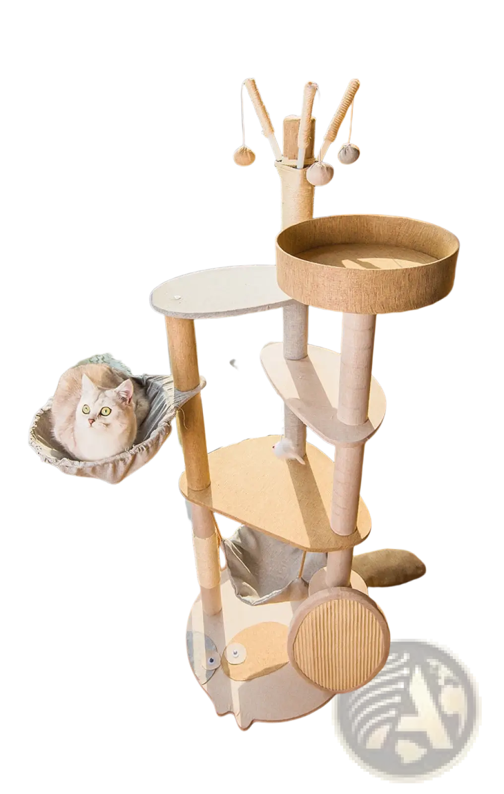 Large wooden cat tree climbing frame with beige and white multi-level platforms, sisal scratching posts, and hammock perch