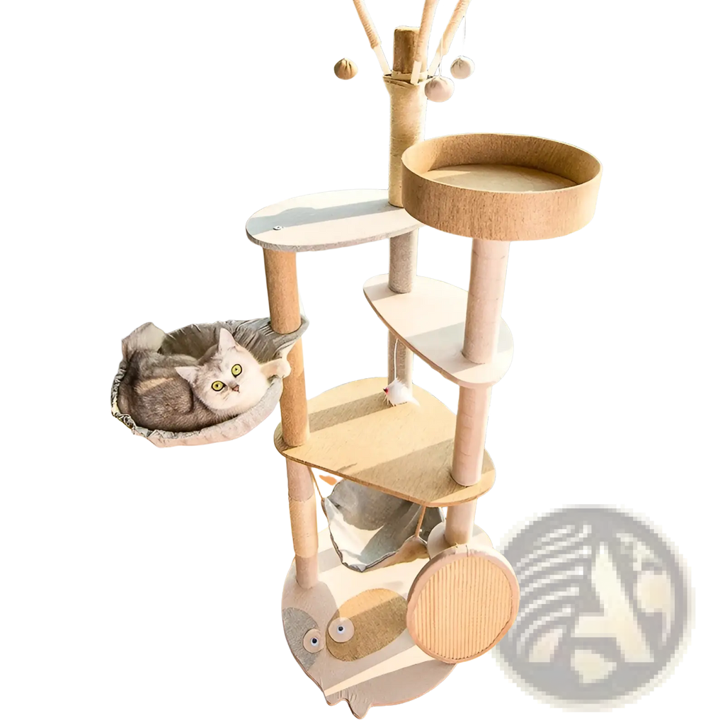 Large wooden cat tree climbing frame in beige and light wood tones with sisal posts and a playful owl design base