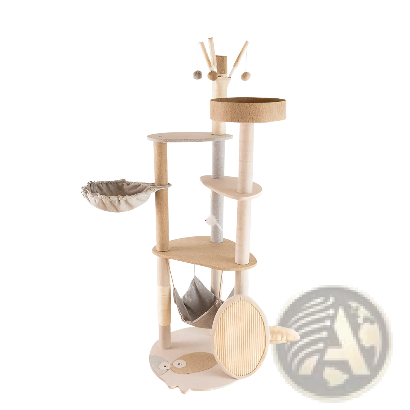 Large wooden cat tree climbing frame in beige and light wood with sisal posts platforms hammocks and hanging toys