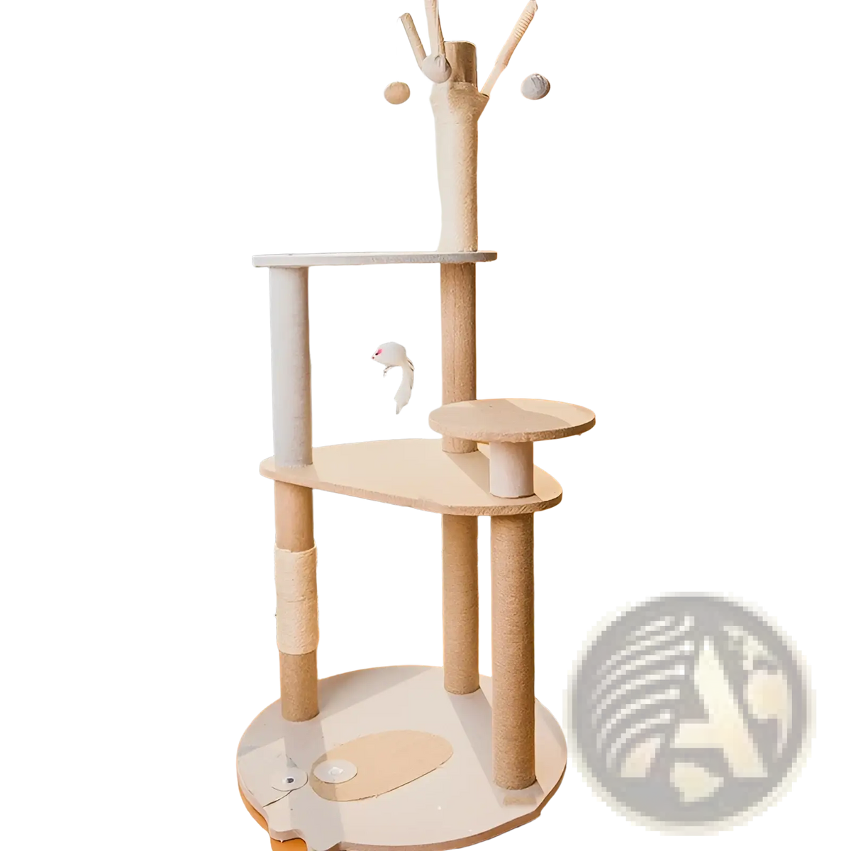 Beige large wooden cat tree climbing frame featuring sisal-wrapped posts and multi-level platforms for cats