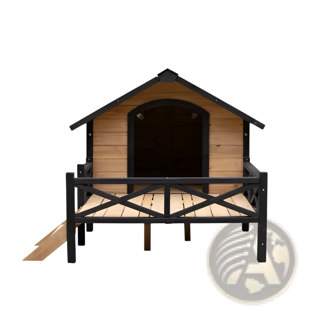Large wooden dog house with porch featuring black and light wood colors, slanted roof, arched entrance, and x-braced porch