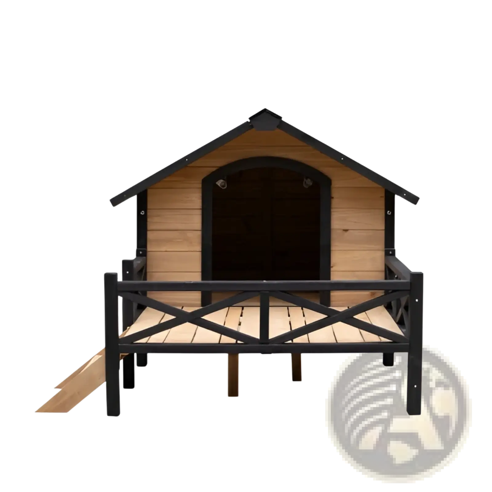 Large wooden dog house with porch featuring black and light wood colors, slanted roof, arched entrance, and x-braced porch
