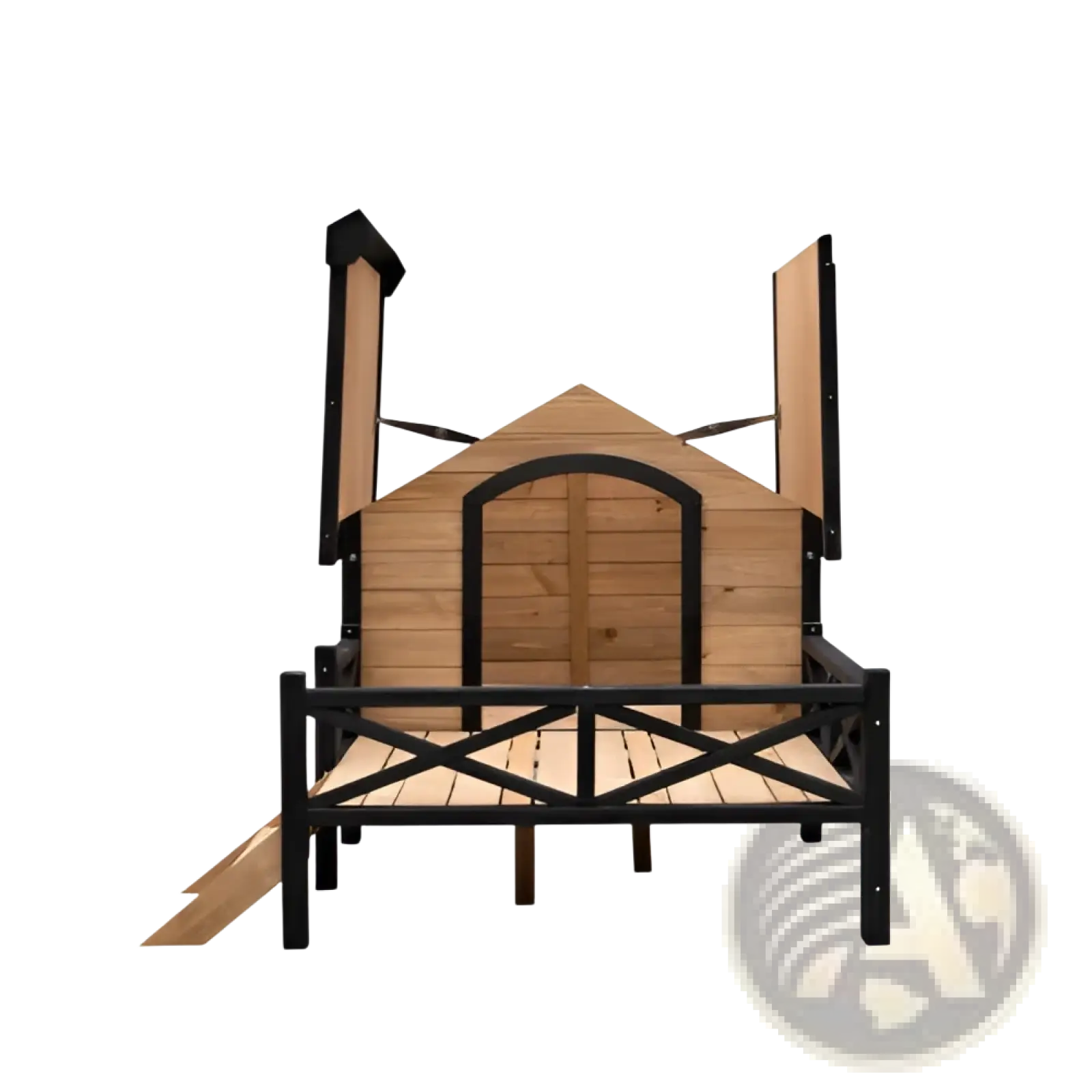 Large wooden dog house with black metal frame porch featuring arched doorway, slanted roof, side panels, and a ramp