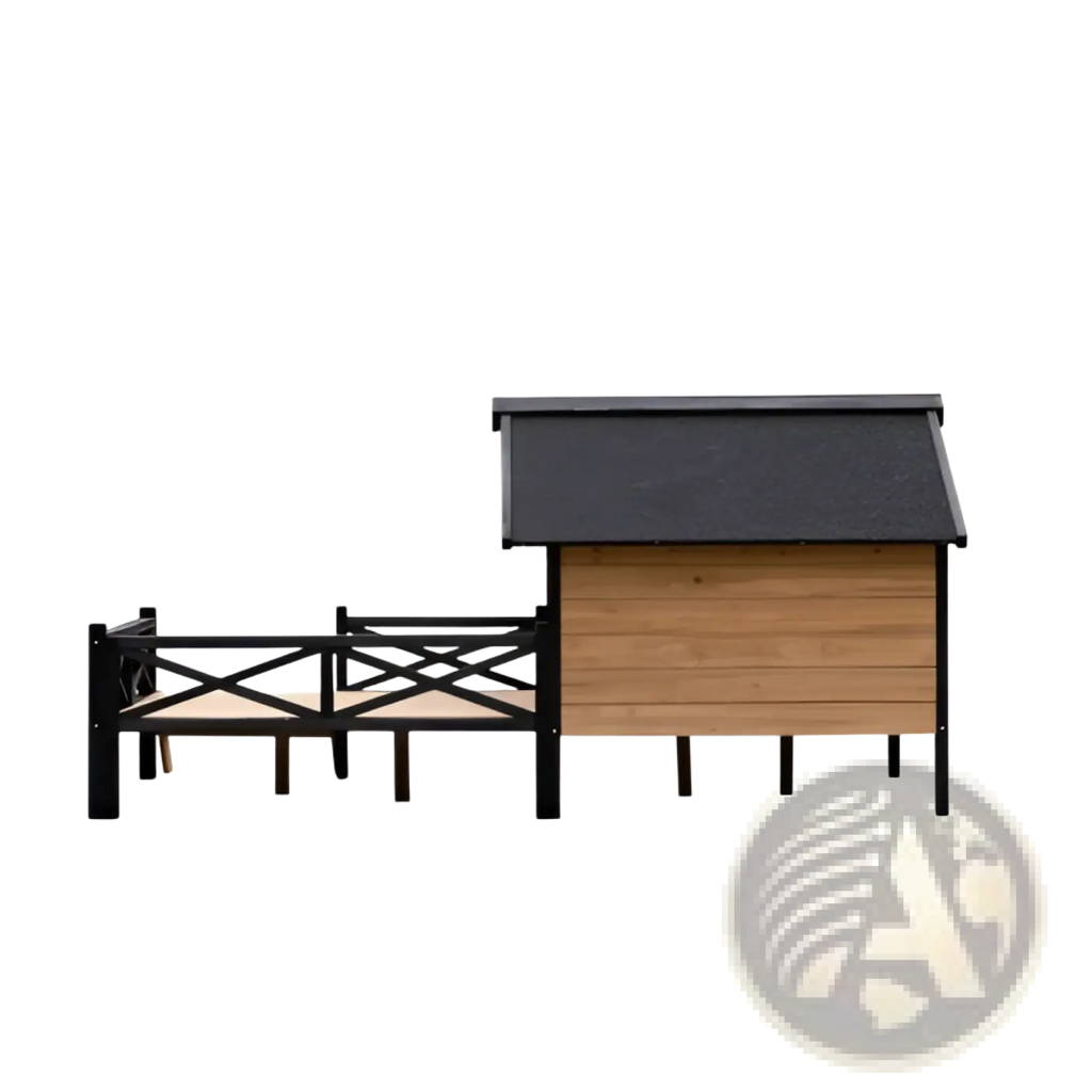 Large wooden dog house with porch featuring black metal frame and roof made of wood for outdoor use