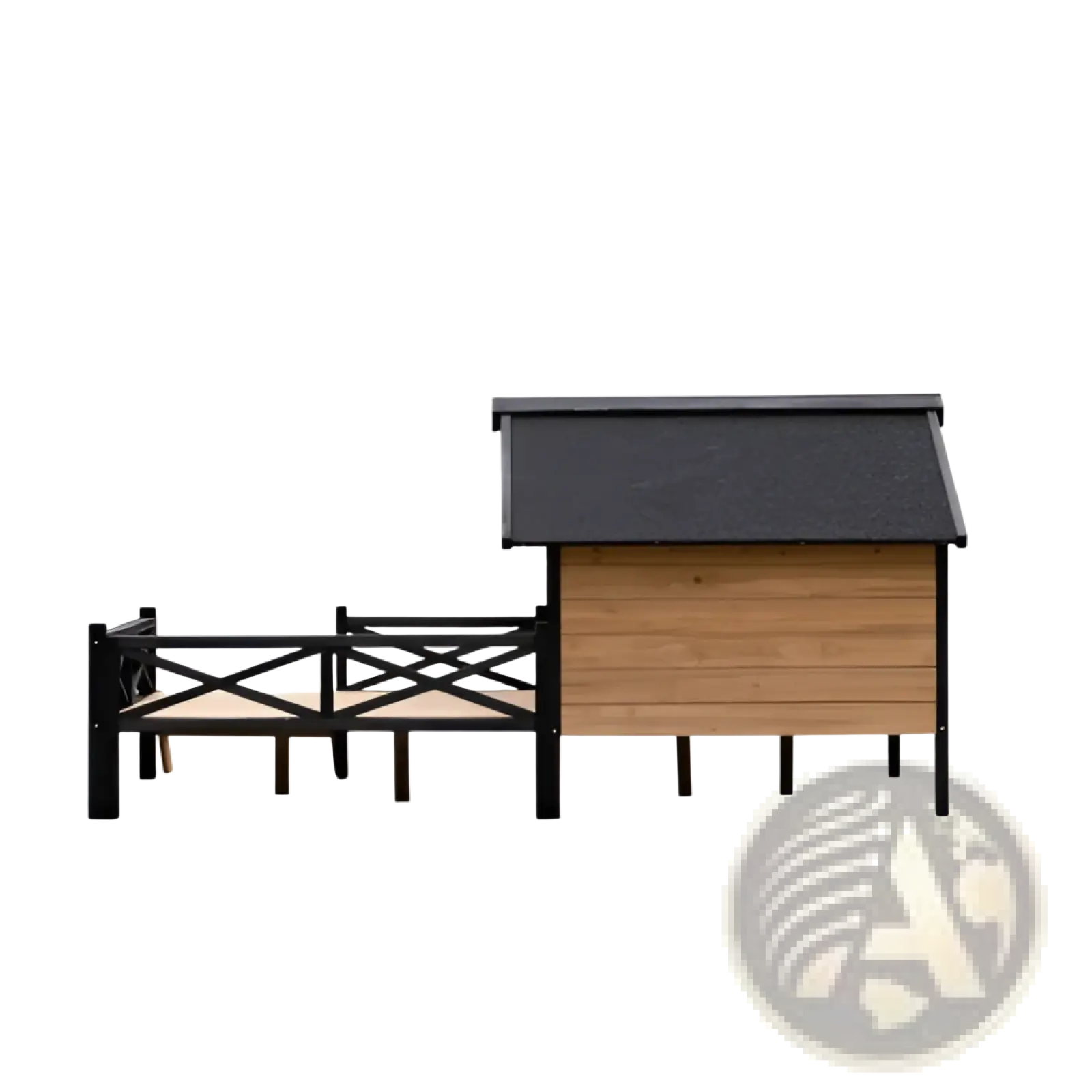 Large wooden dog house with porch featuring black metal frame and roof made of wood for outdoor use
