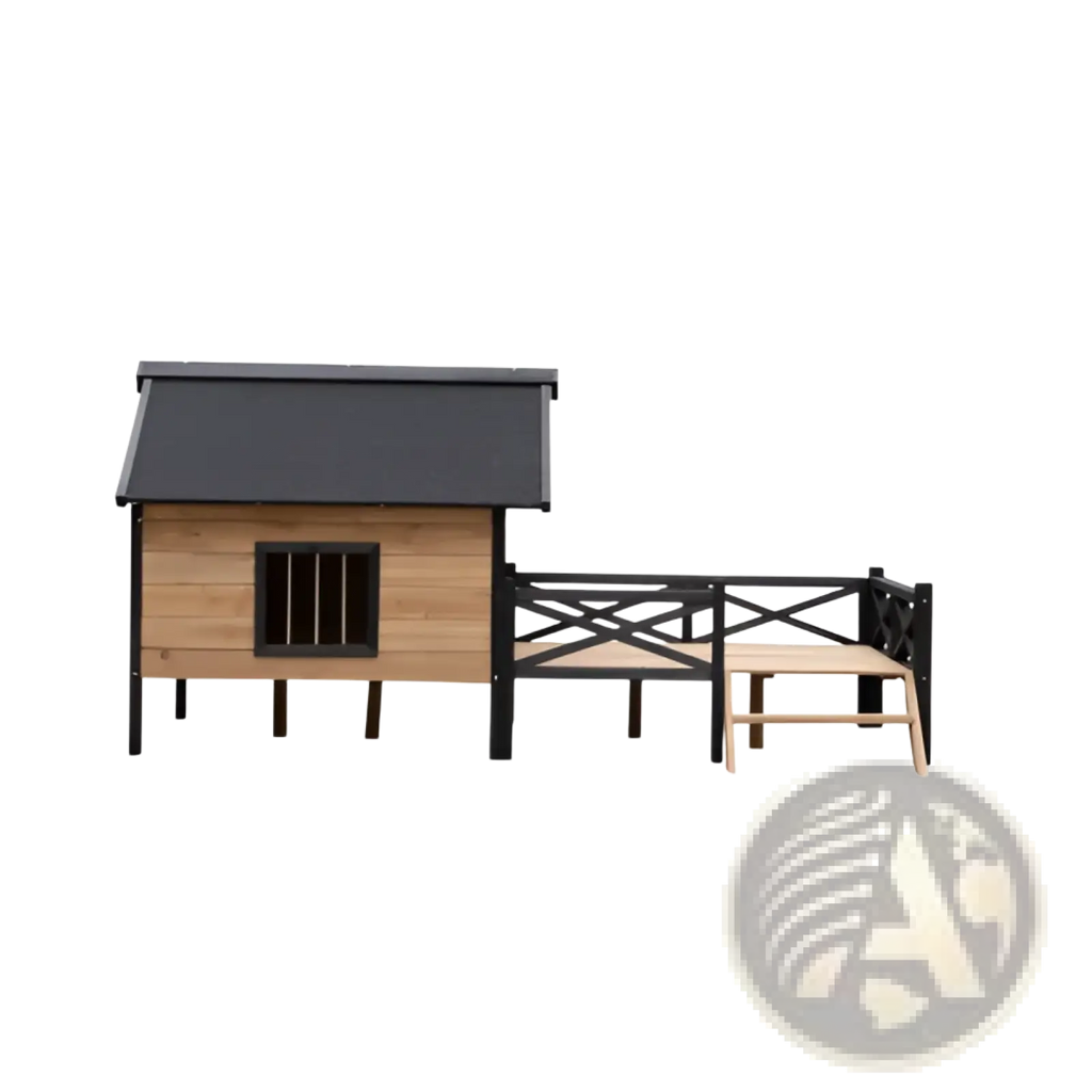 Large wooden dog house with porch featuring a black roof, matching fence, and a small window with vertical bars
