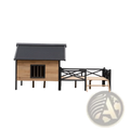 Large wooden dog house with porch featuring a black roof, matching fence, and a small window with vertical bars