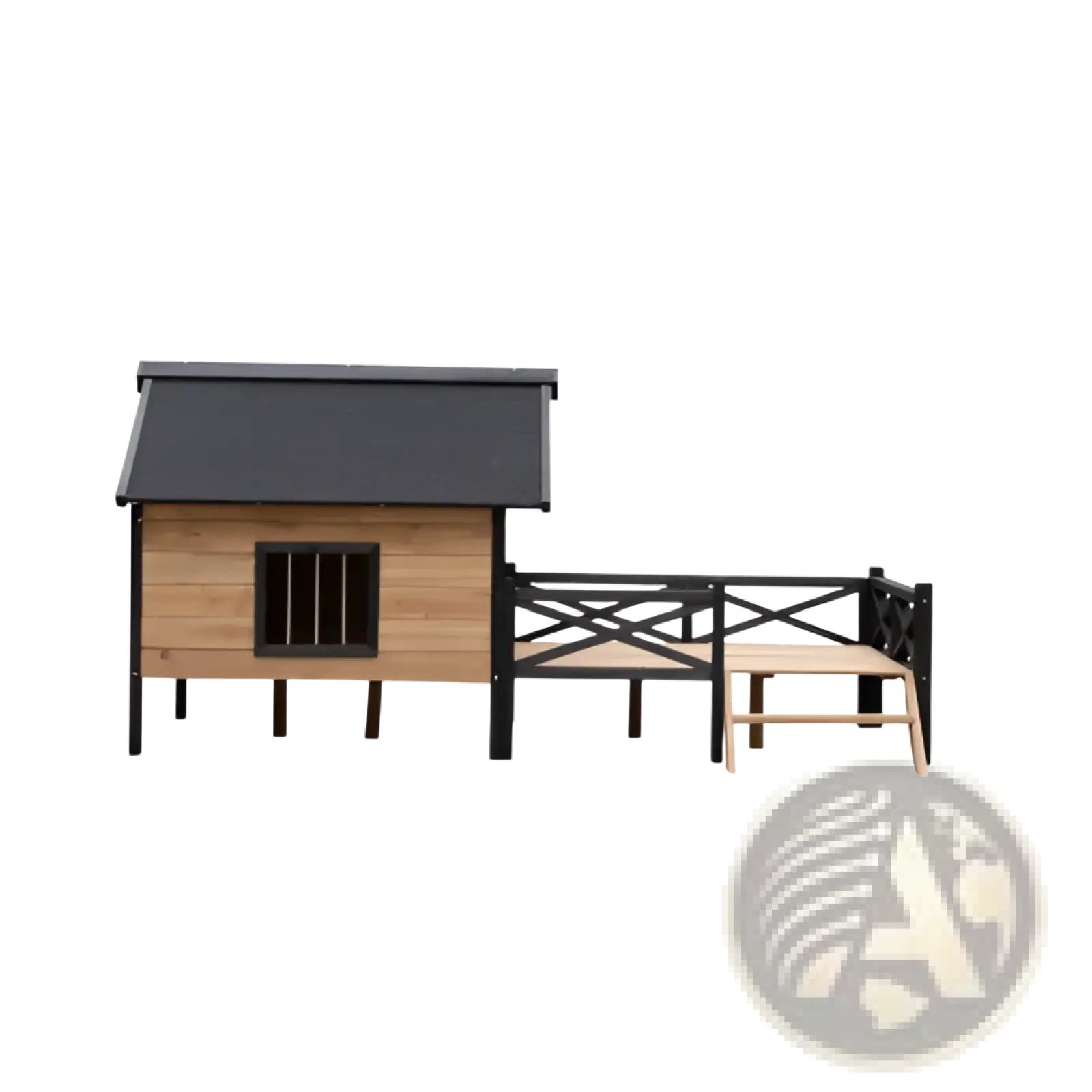 Large wooden dog house with porch featuring a black roof, matching fence, and a small window with vertical bars