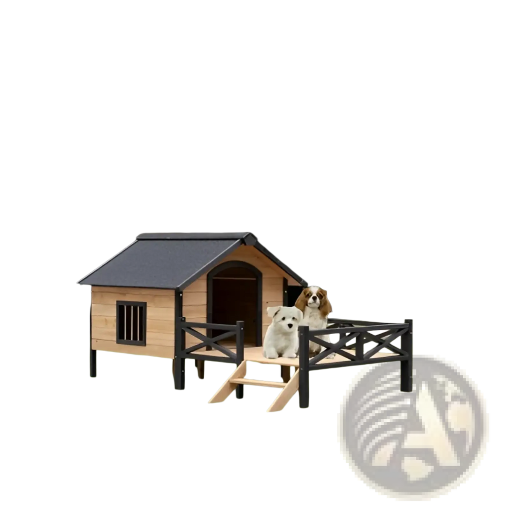 Large wooden dog house with porch featuring a black roof and railings made of wood for outdoor pet shelter