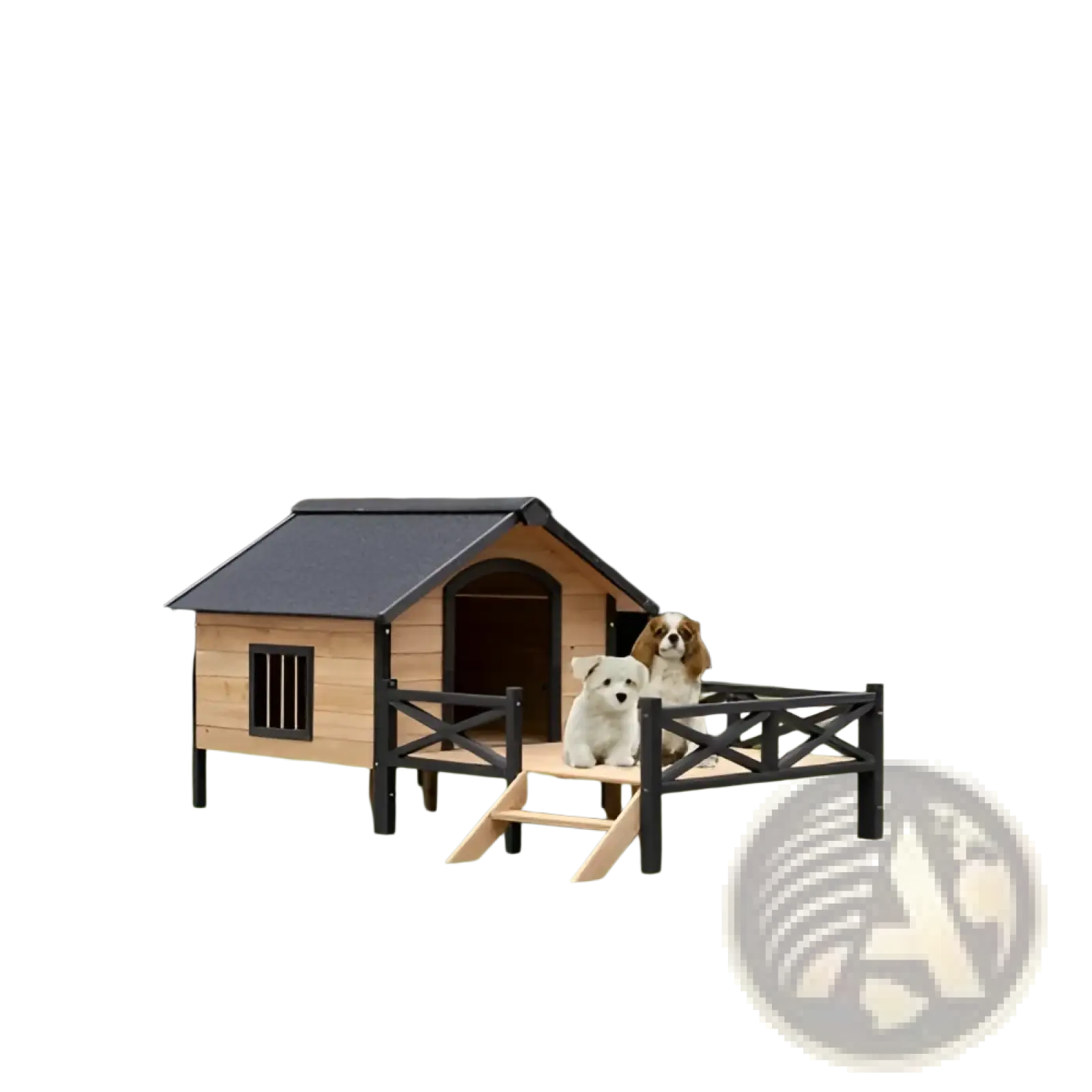 Large wooden dog house with porch featuring a black roof and railings made of wood for outdoor pet shelter