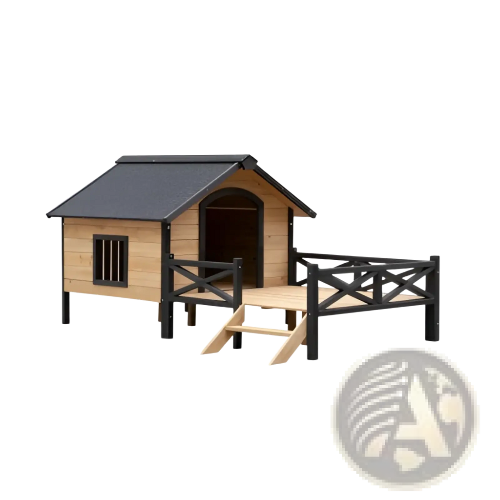 Large wooden dog house with black roof and railings featuring a small porch with steps for outdoor use