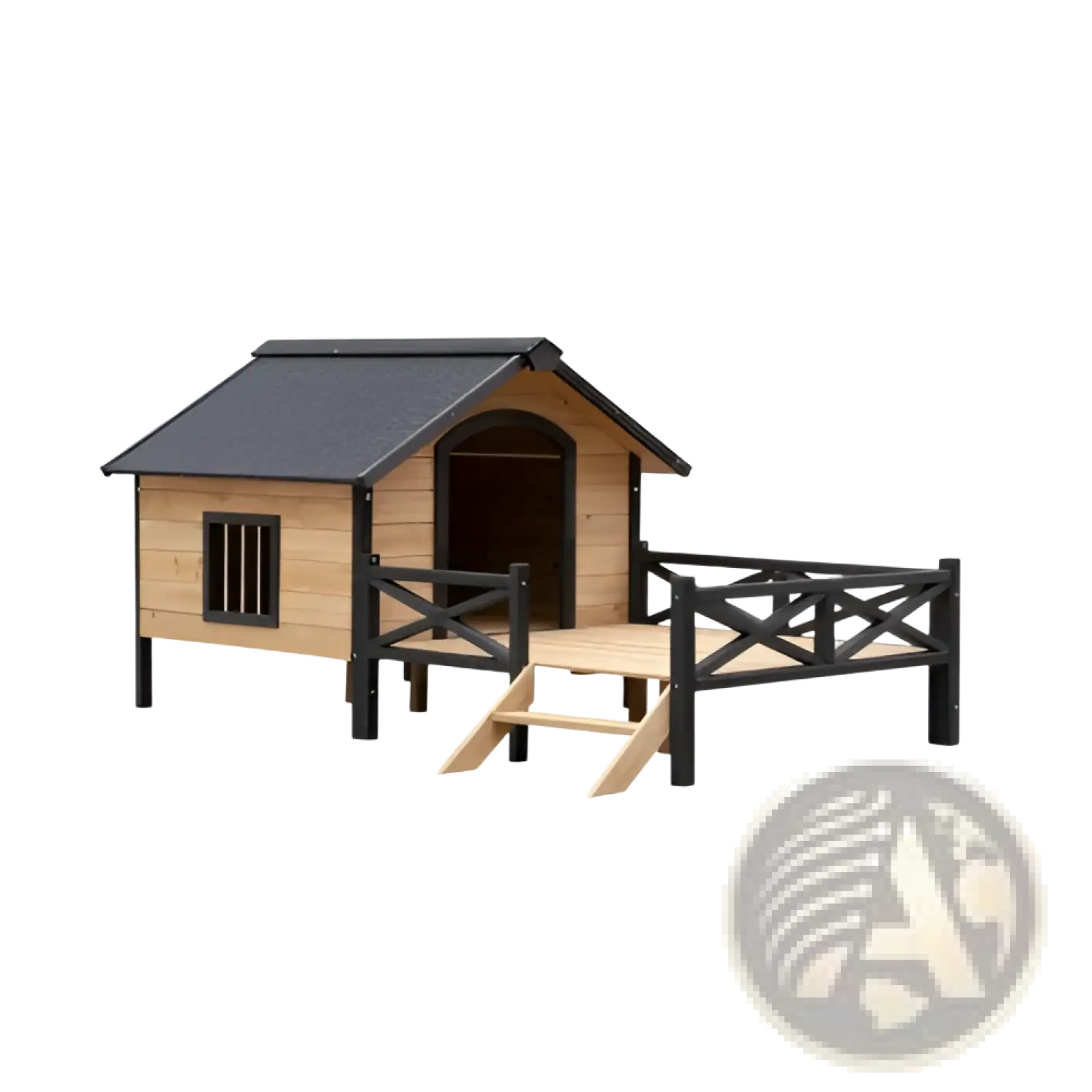 Large wooden dog house with black roof and railings featuring a small porch with steps for outdoor use
