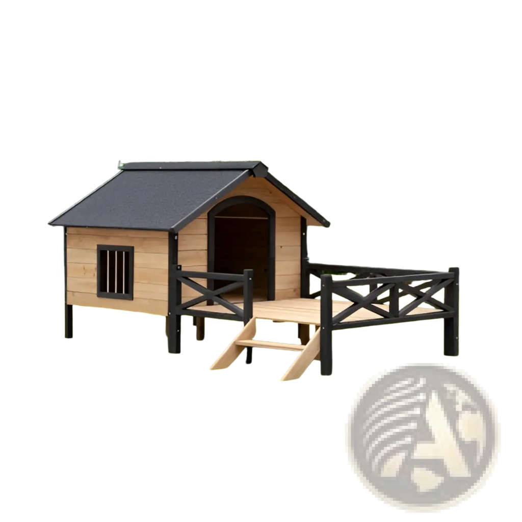 Large wooden dog house with porch in light brown wood, dark gray roof, black railings, small window, and entry steps