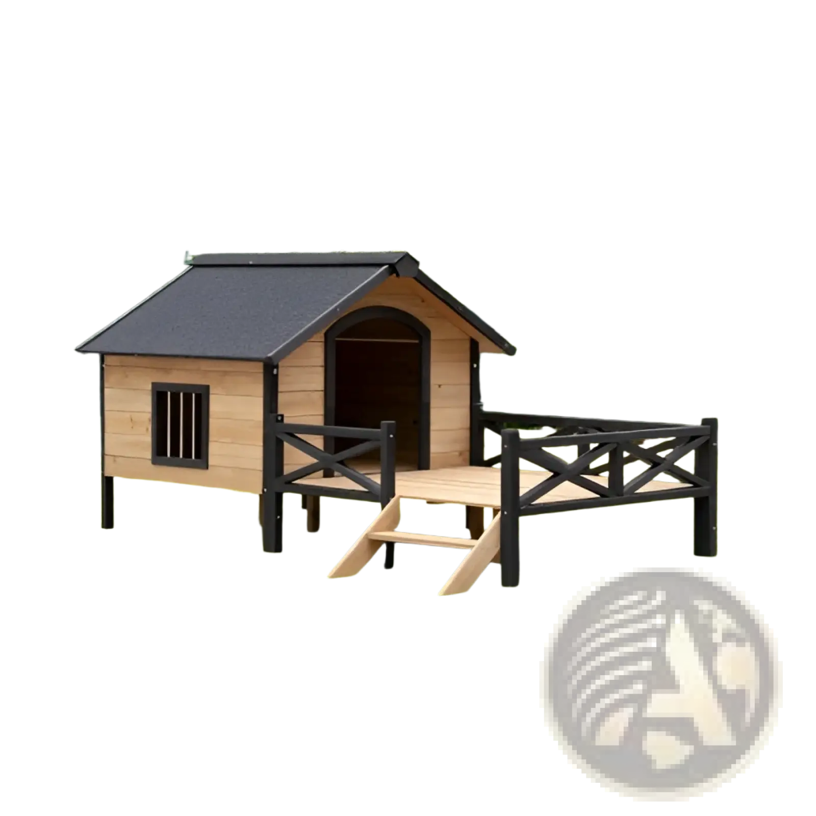 Large wooden dog house with porch in light brown wood, dark gray roof, black railings, small window, and entry steps