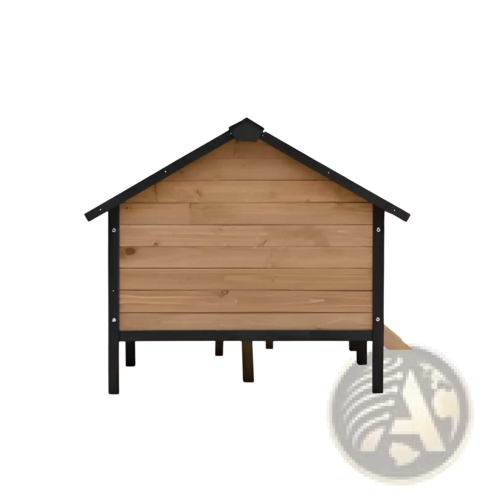 Large wooden dog house with porch featuring rustic natural wood siding black metal frame and roof with side vent