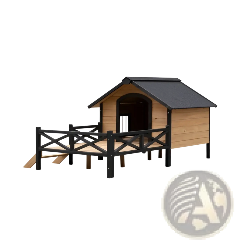 A sturdy large wooden dog house with a black roof and matching railings featuring an elevated porch