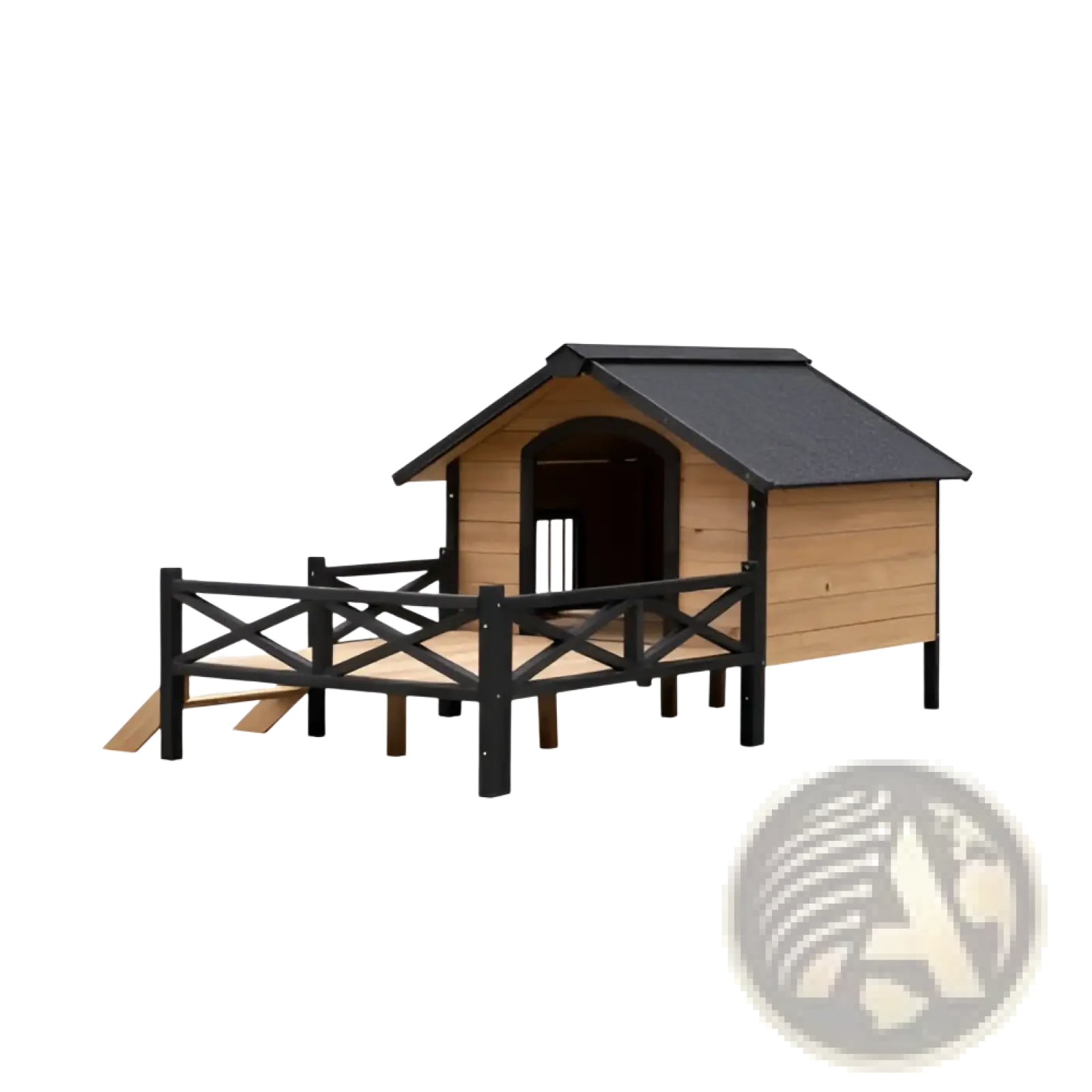A sturdy large wooden dog house with a black roof and matching railings featuring an elevated porch