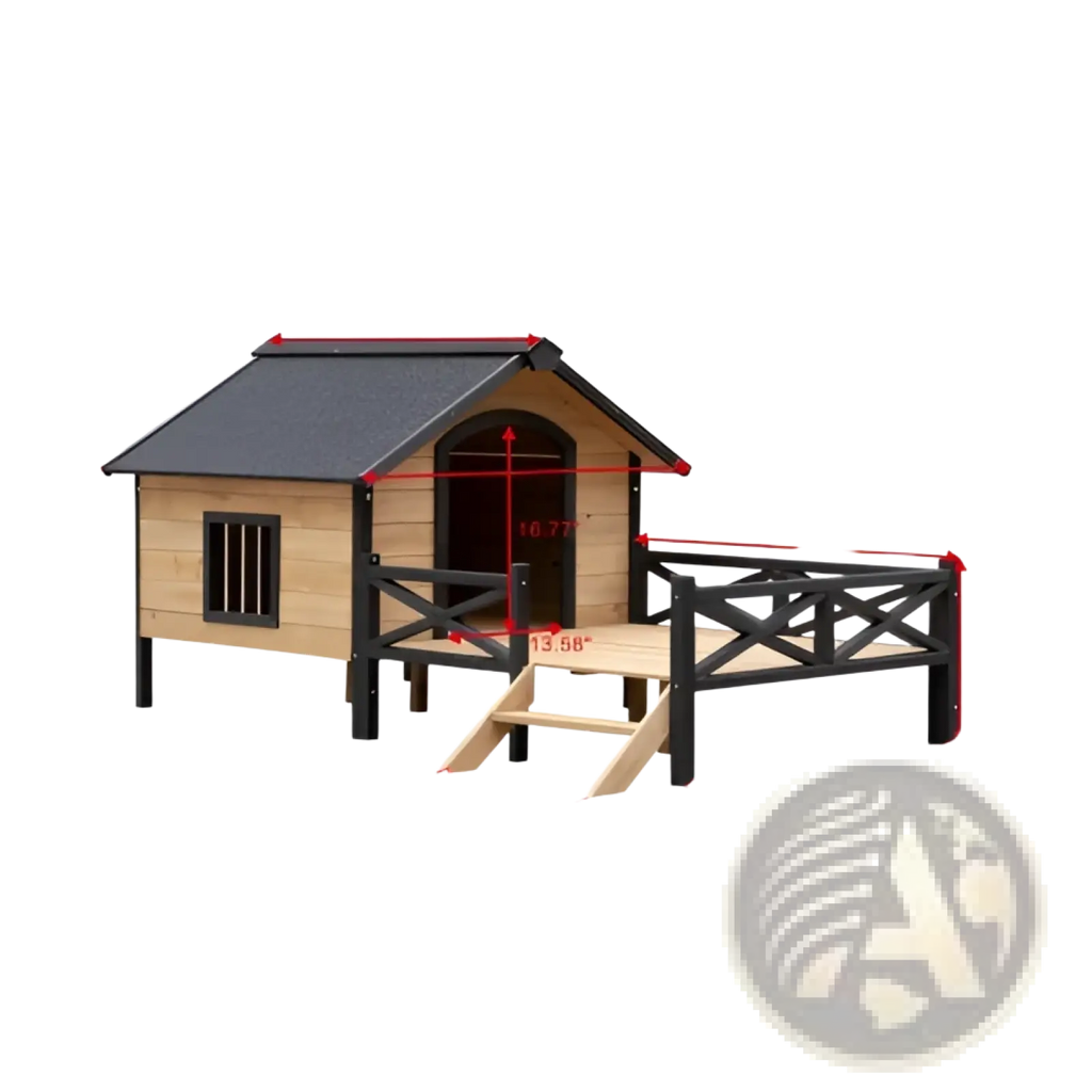 A large wooden dog house with a porch made of sturdy light wood featuring a dark gray roof and black metal railings