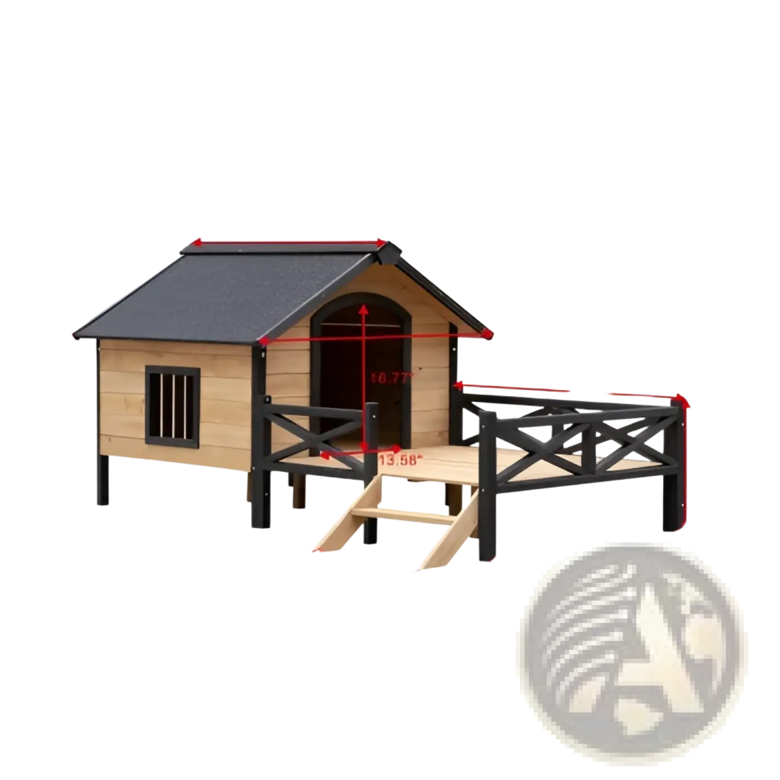 A large wooden dog house with a porch made of sturdy light wood featuring a dark gray roof and black metal railings