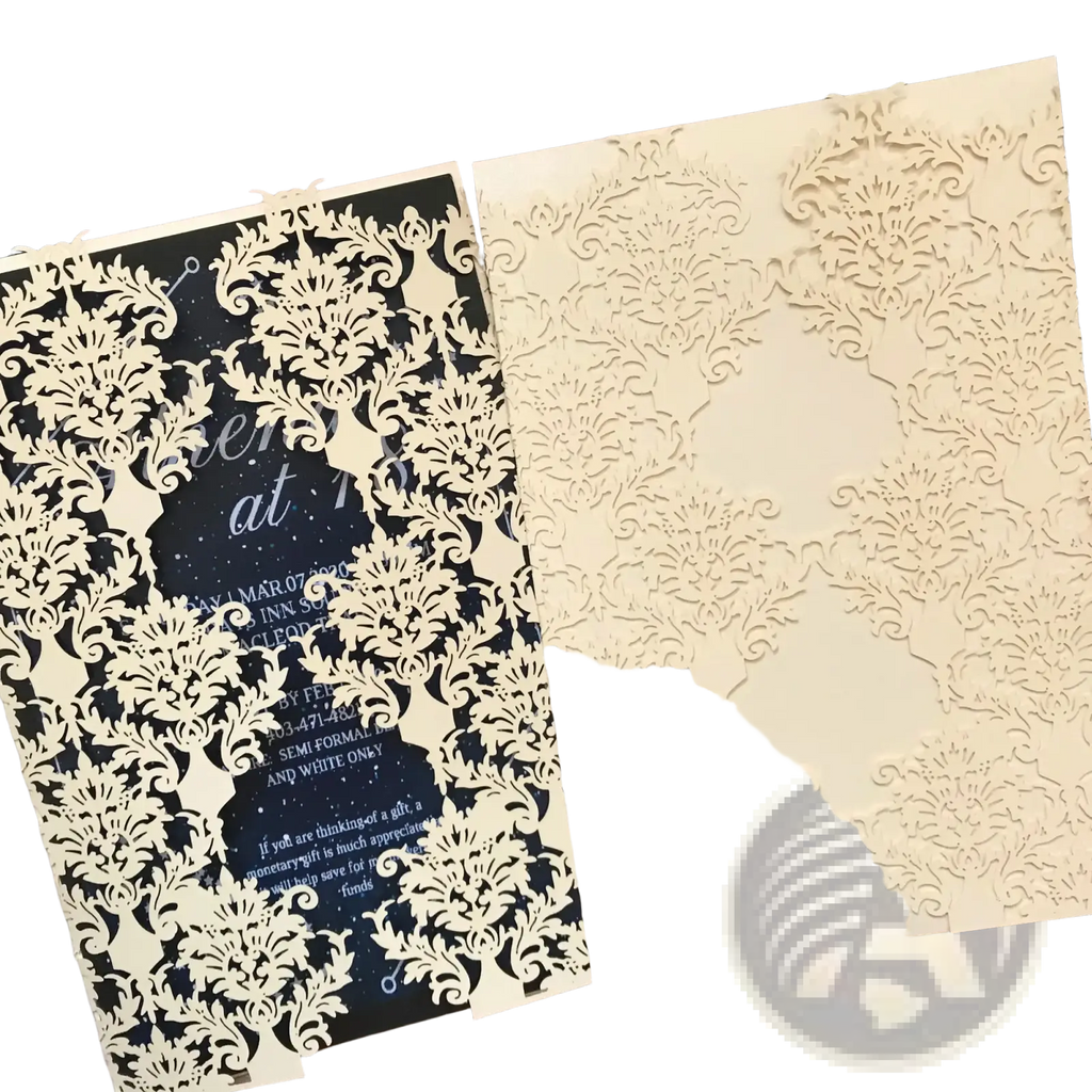 Elegant cream-colored laser cut wedding invitation card with intricate damask patterns and black inner panel 10 pack