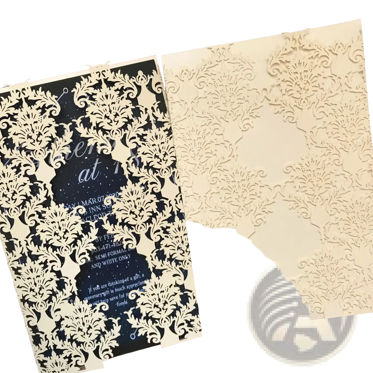 Elegant cream-colored laser cut wedding invitation card with intricate damask patterns and black inner panel 10 pack