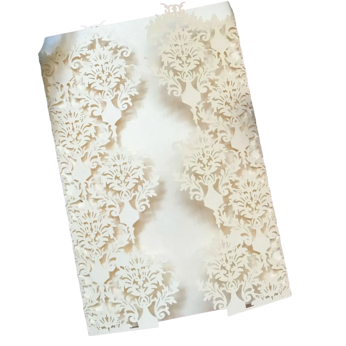 Elegant ivory laser cut wedding invitation cards 10 pack with intricate damask floral patterns and layered design