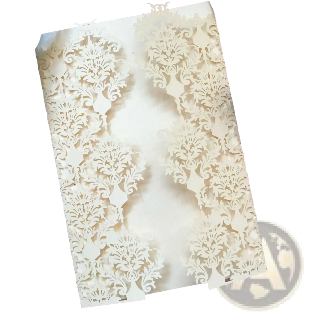 Elegant ivory laser cut wedding invitation cards 10 pack with intricate damask floral patterns and layered design