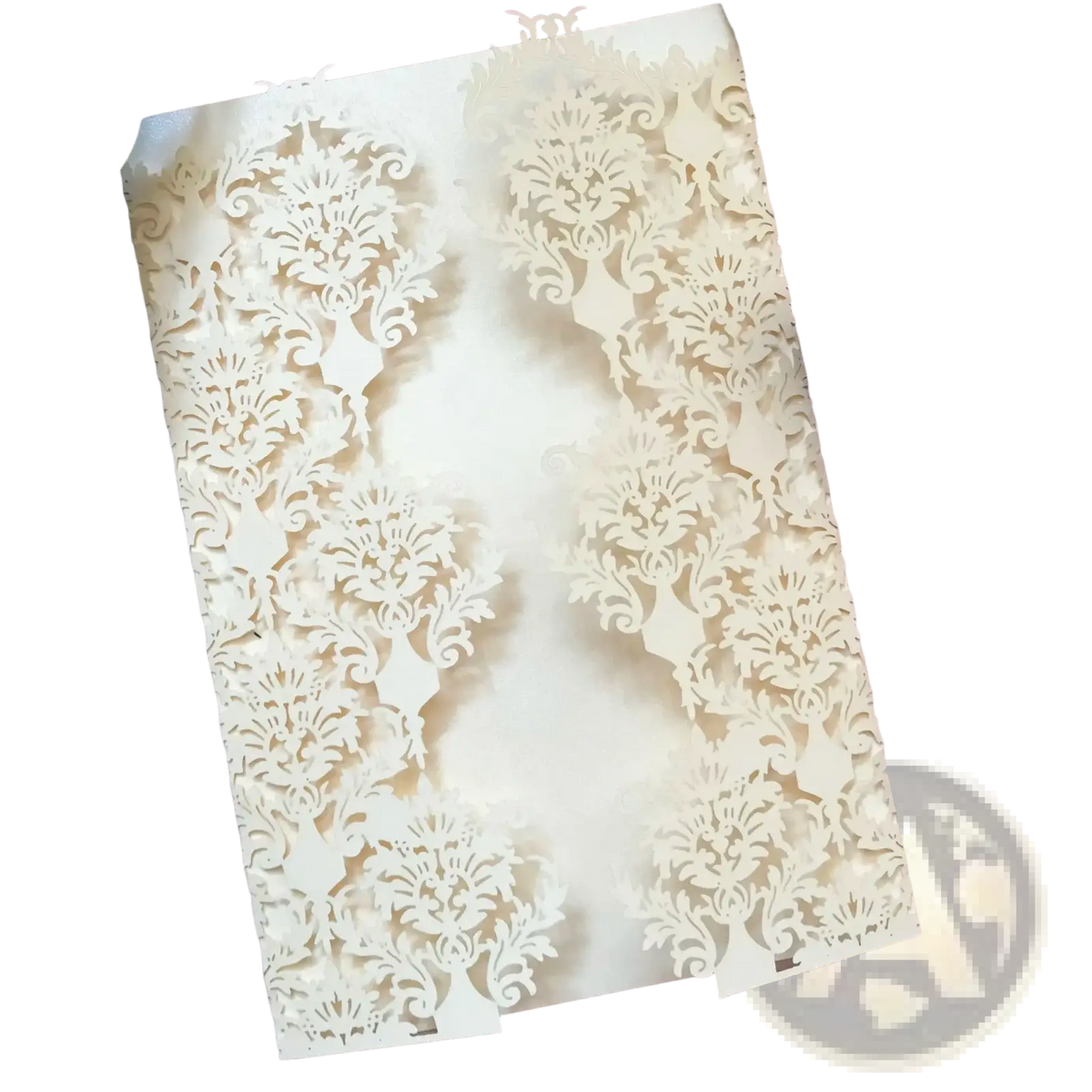 Elegant ivory laser cut wedding invitation cards 10 pack with intricate damask floral patterns and layered design