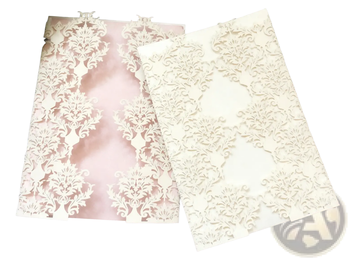 Elegant ivory laser cut wedding invitation cards 10 pack featuring intricate lace damask patterns on high quality paper