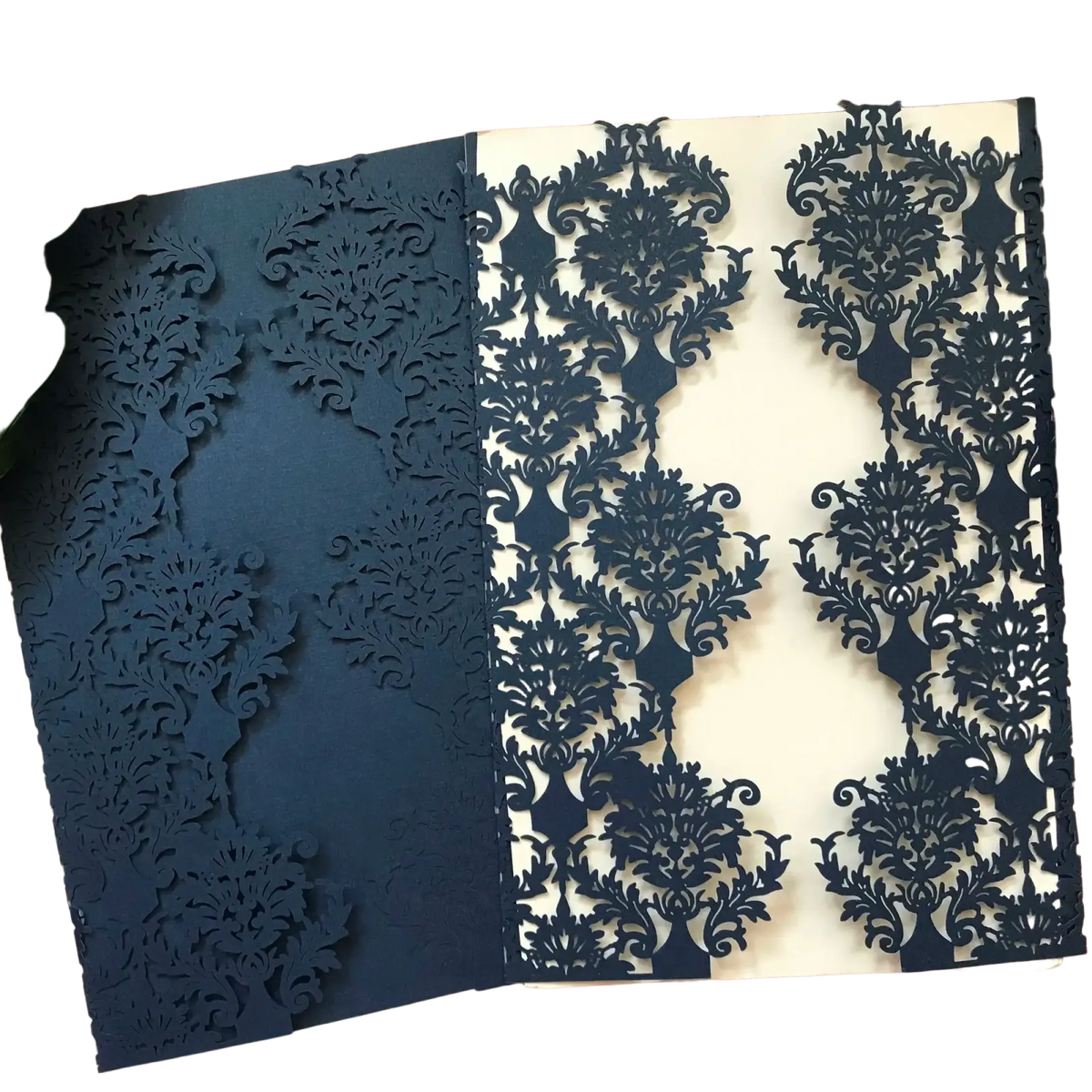 Elegant navy blue laser cut damask wedding invitation card with intricate floral and scrollwork patterns 10 pack