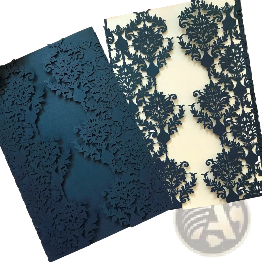 Elegant navy blue laser cut wedding invitation card featuring intricate damask floral patterns in a 10 pack set