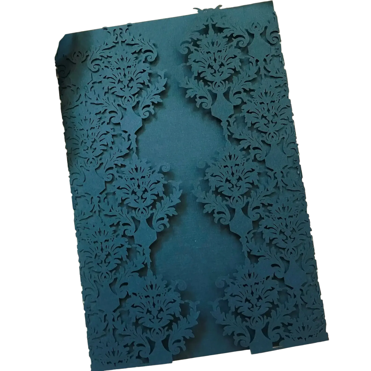 Elegant teal laser cut wedding invitation card with intricate floral and scrollwork patterns in a 10 pack set