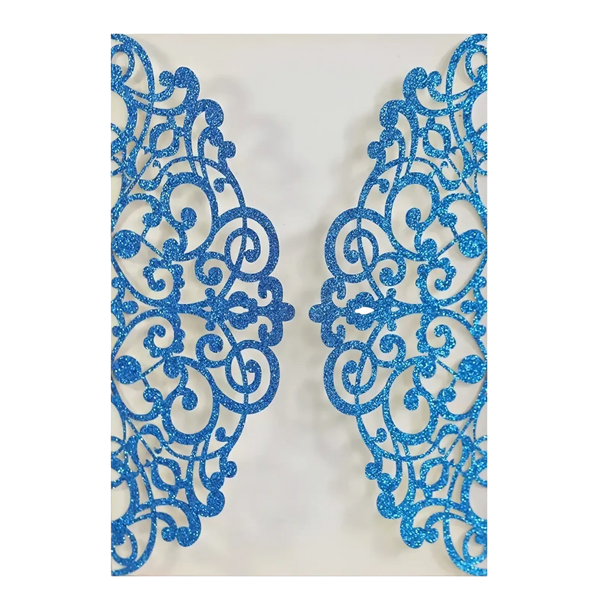 Blue glittery laser cut lace wedding invitation card with intricate swirling patterns 10pcs set