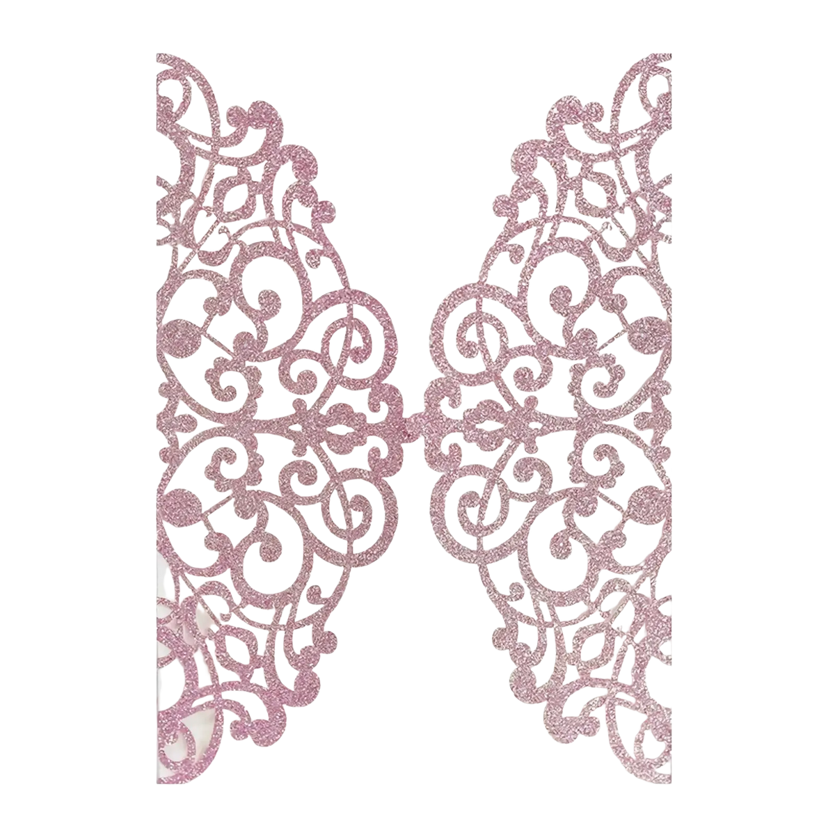 A delicate pink glitter laser cut wedding invitation card with intricate swirling patterns 10pcs set
