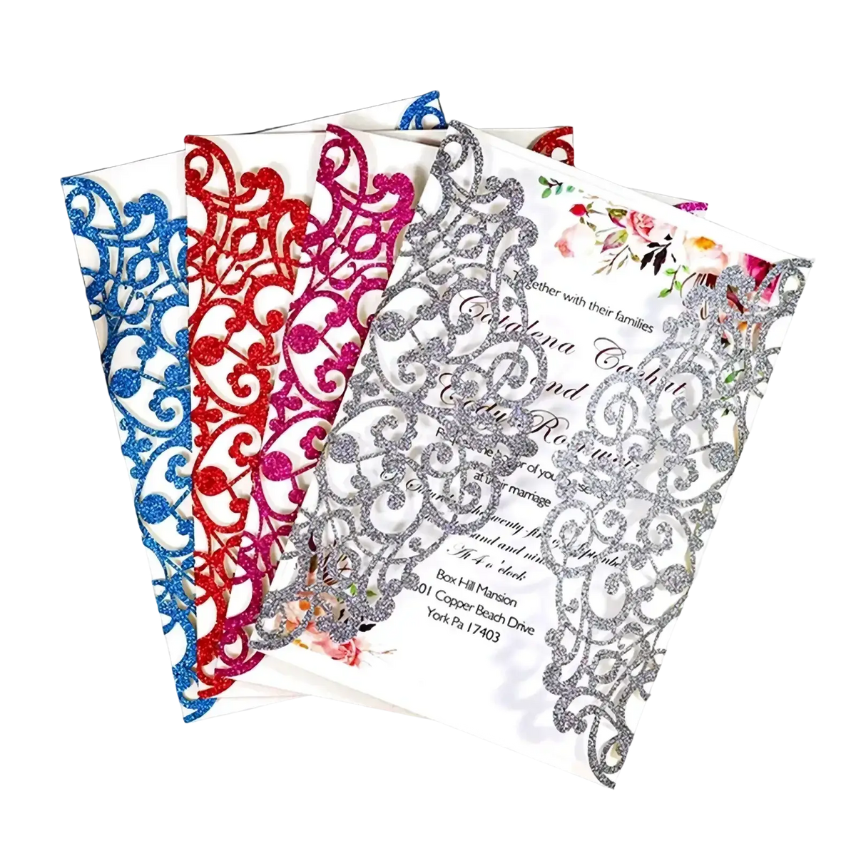 Elegant laser cut wedding invitation cards 10pcs with glittery lace-like cutouts in blue red pink and silver colors