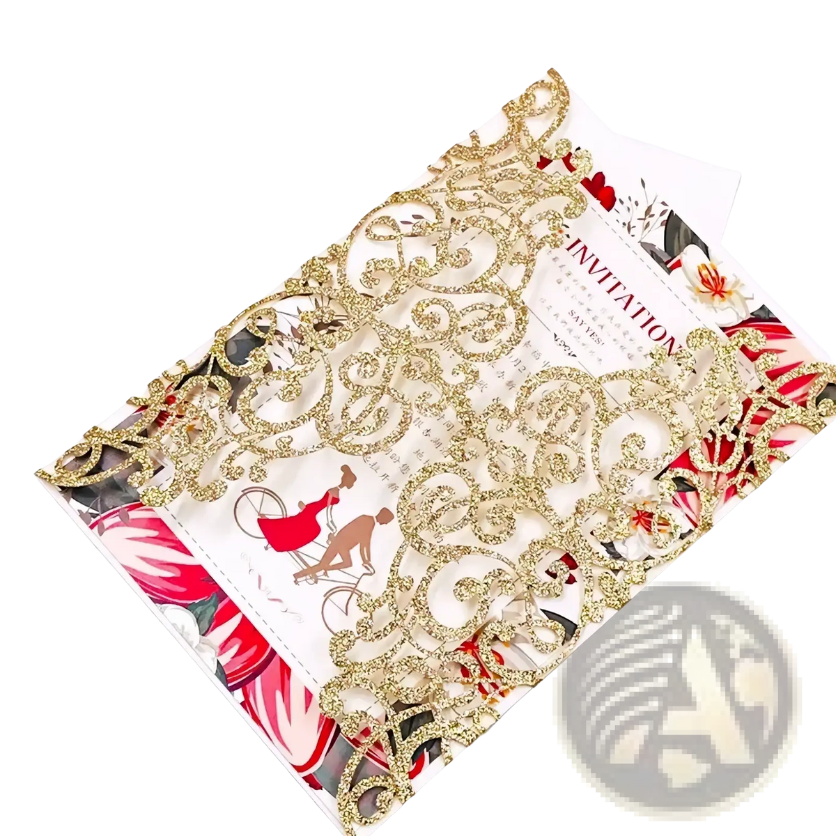 Elegant gold glitter laser cut wedding invitation card with romantic couple illustration and floral patterns on red background