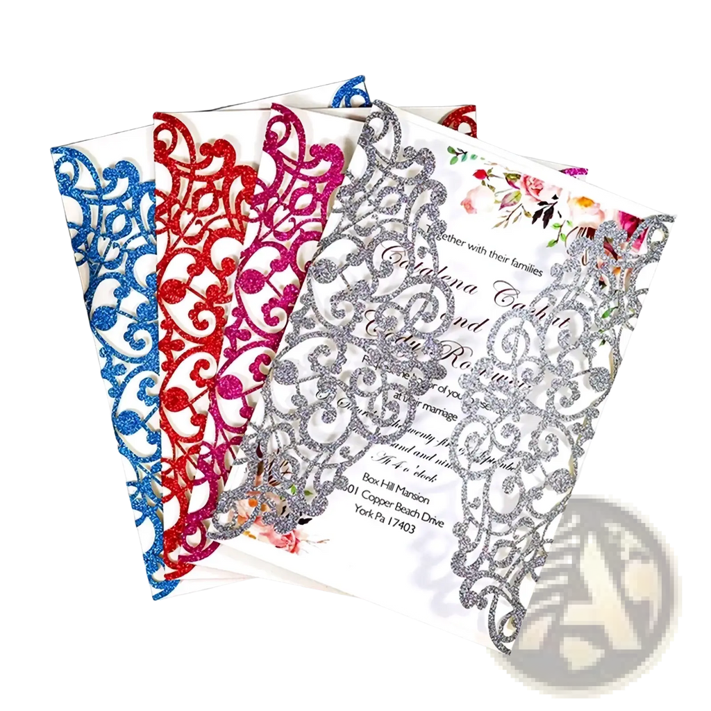 Elegant laser cut wedding invitation cards with intricate lace designs in shimmering blue red and silver glitter 10pcs